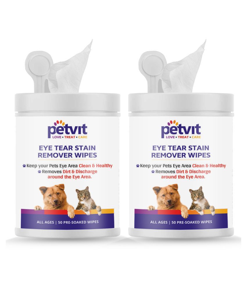 Petvit Eye Tear Stain Remover Wipes For Dogs And Cats l Keep Your Pets Eye Area Clean & Healthy - Fragrance less 50 wipes | For All Age Group | Pack of 2