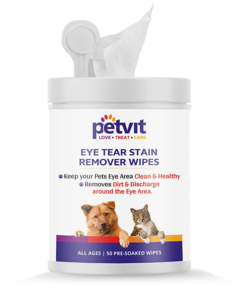 Petvit Eye Tear Stain Remover Wipes For Dogs And Cats l Keep Your Pets Eye Area Clean & Healthy - Fragrance Less 50 Wipes | For All Age Group
