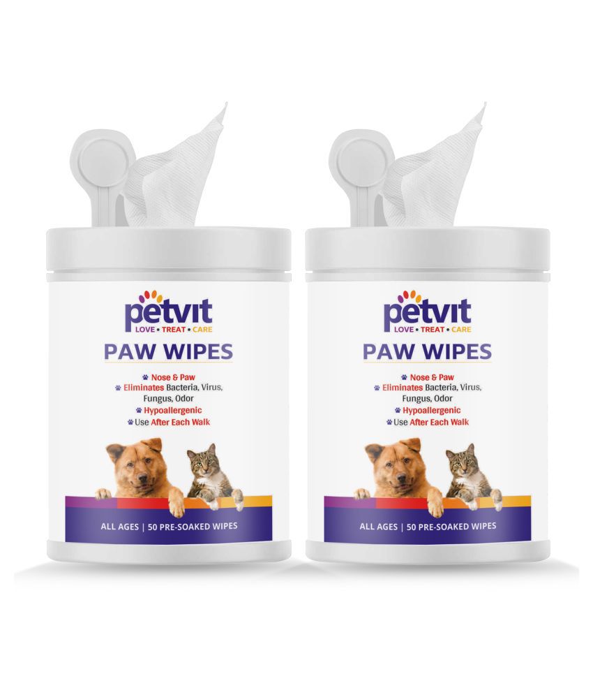Petvit Nose And Paw Wipes For Eliminates Bacteria, Virus, Fungus, Odor - Fragrance Less 50 Wipes |For All Age Group  | Pack of 2