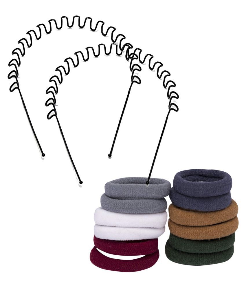     			ASG Women's Fashion Daily Use 12 Pcs Cotton Hair Rubber Band with 2 Pcs Metal Zig Zag Hair Band