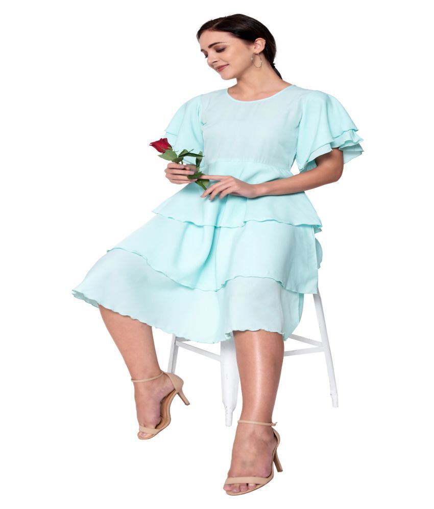     			GOD BLESS Crepe Turquoise Fit And Flare Dress - Single
