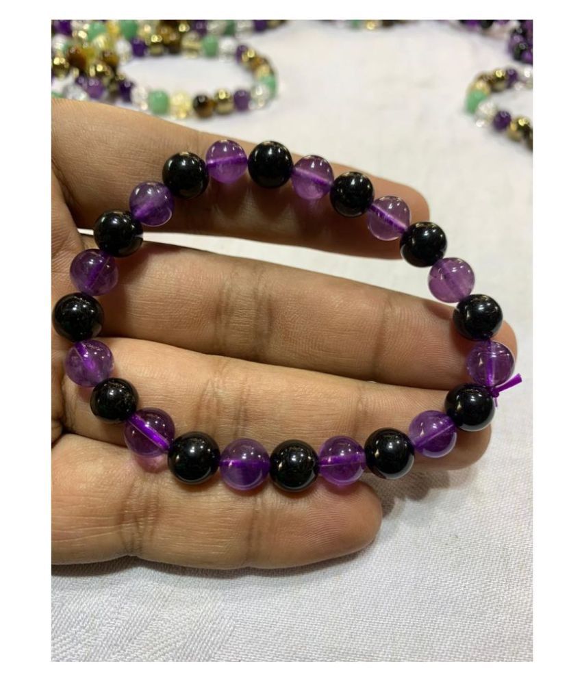     			8mm Purple Amethyst & Black Tourmaline Star Natural Agate Stone Bracelet