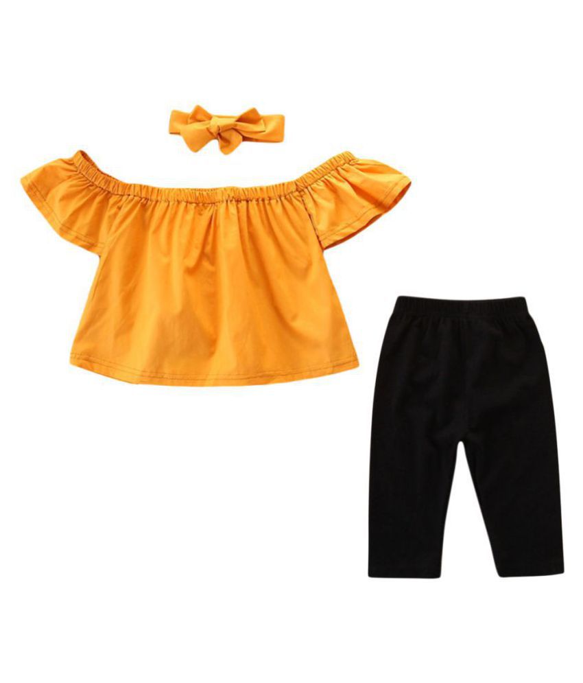 Hopscotch Girls Cotton Open Shoulder Sleeves Solid Top, Headband And Pant Set in Yellow Color For Ages 2-3 Years (SB9-3129586)