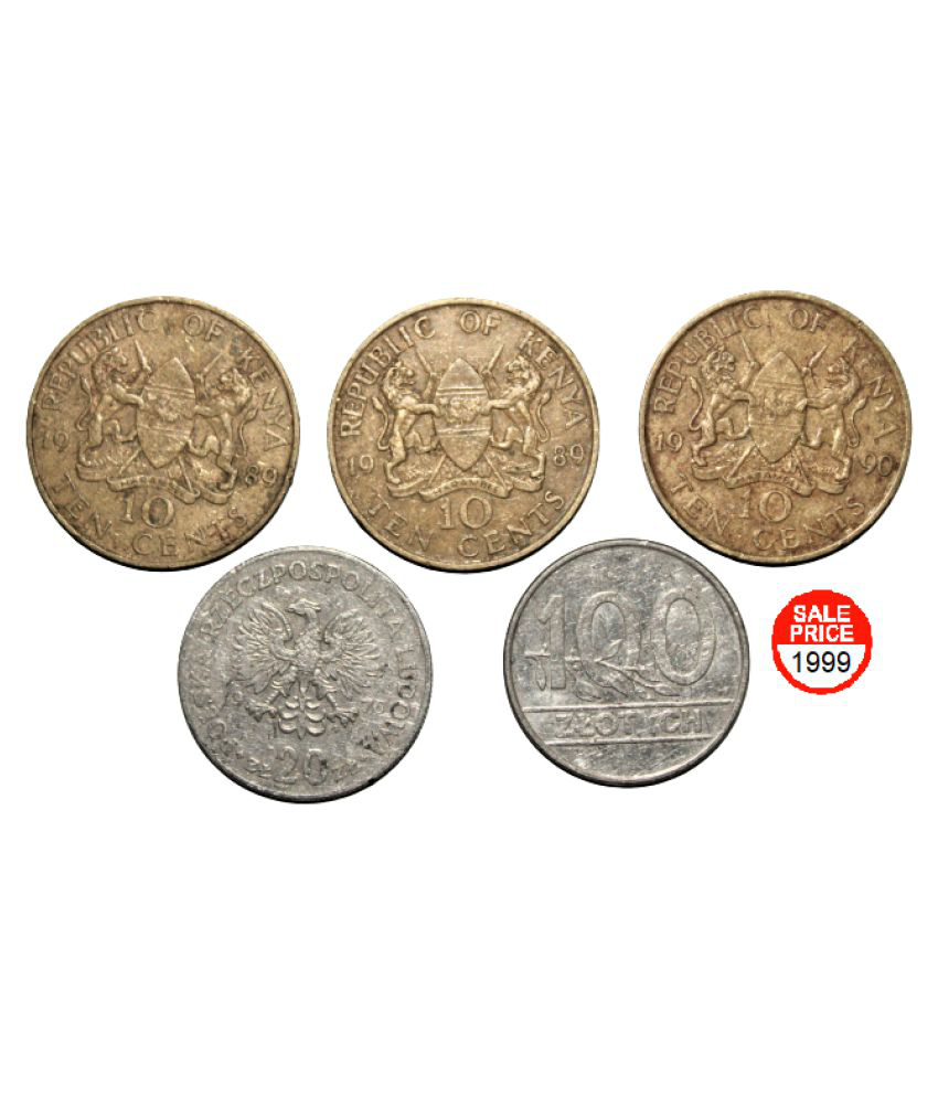     			(SET OF 5) 10 CENTS (1989-90) REPUBLIC OF KENYA X - 3, 100 ZLOTYCH (1990) PLAND X - 1 AND 20 ZLOTYCH (1893-1942) POLAND X - 1 PACK OF 5 RARE COINS