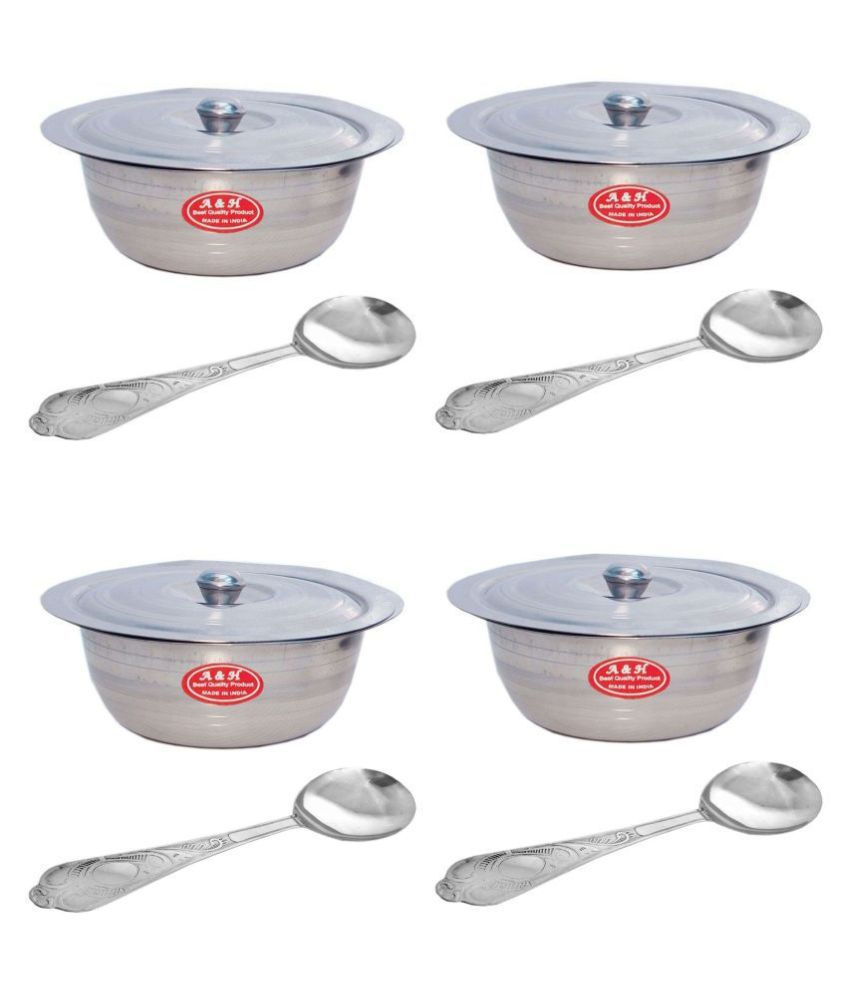 A&H Set of 4 Pc Serving Bowls With Lid ( Dongas ) & 4 Serving Spoon - Stainless Steel