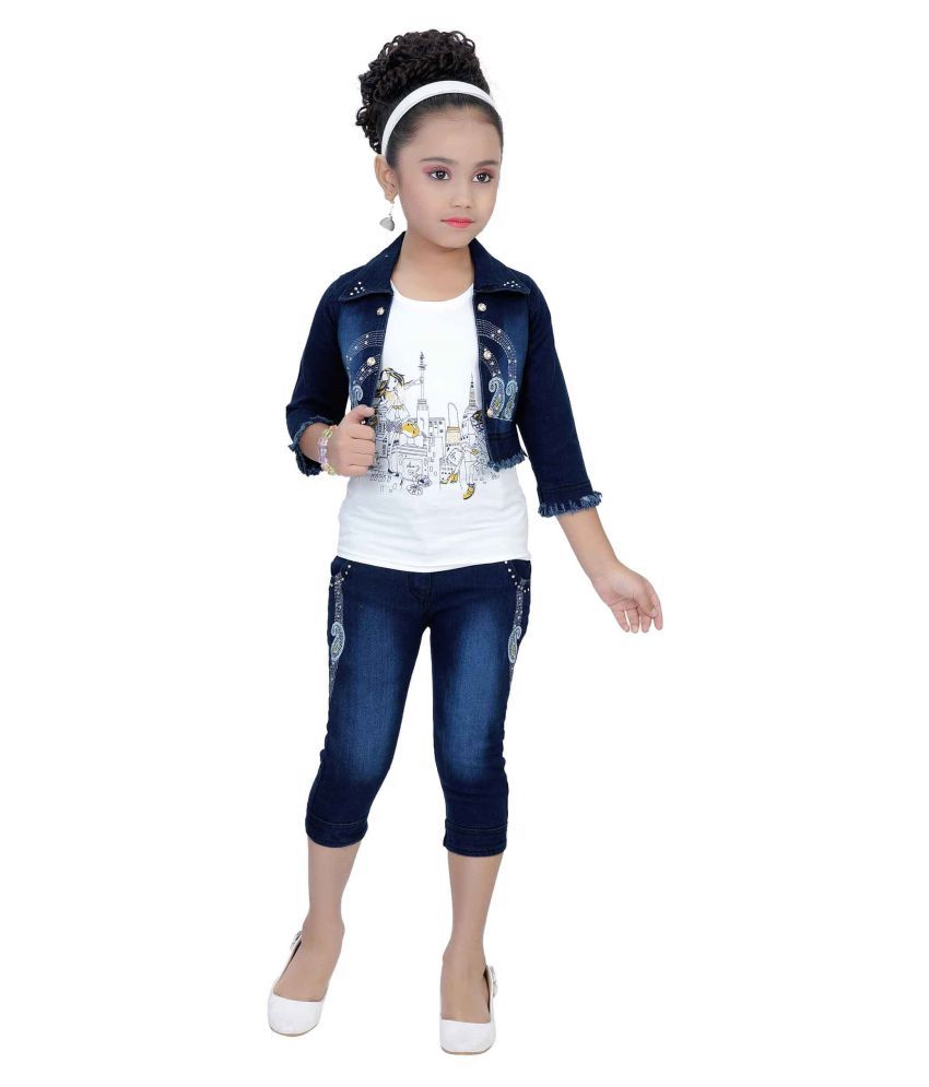     			Arshia Fashions - Blue Denim Girl's Top With Jacket With Capris ( Pack of 1 )