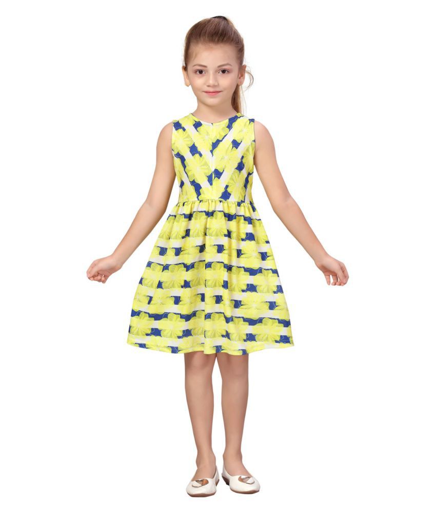     			K&U Girls Fit & Flare Digital Printed Dress in Yellow, Blue