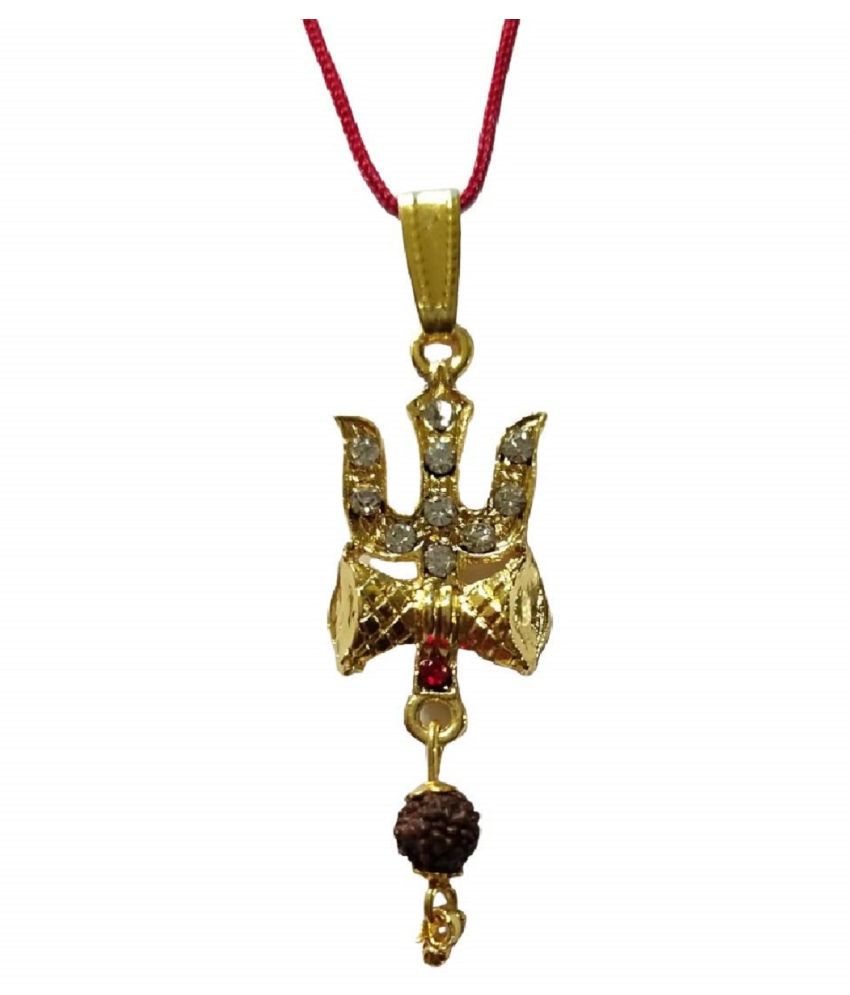     			ASTRODIDI Brass Gold Plated Lord Shiv Trishul Damru Pendant Locket with Rudraksha Zircon Beads for Men and Women