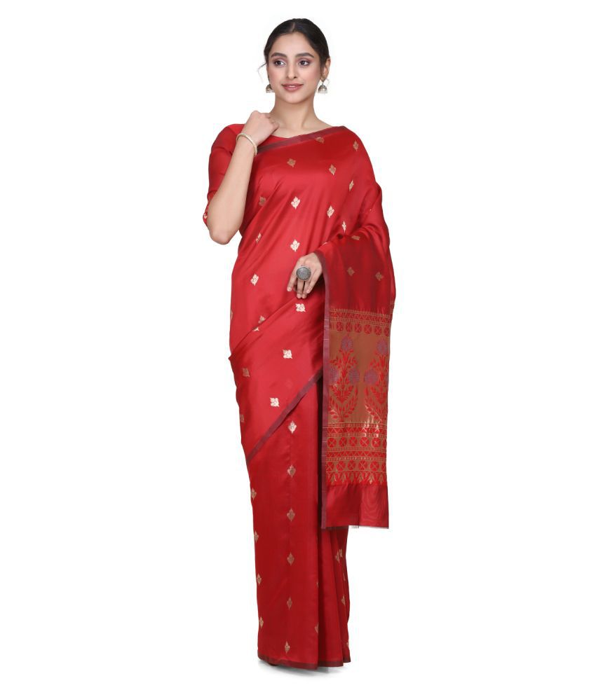     			Shaily Retails Red Silk Blend Saree - Single
