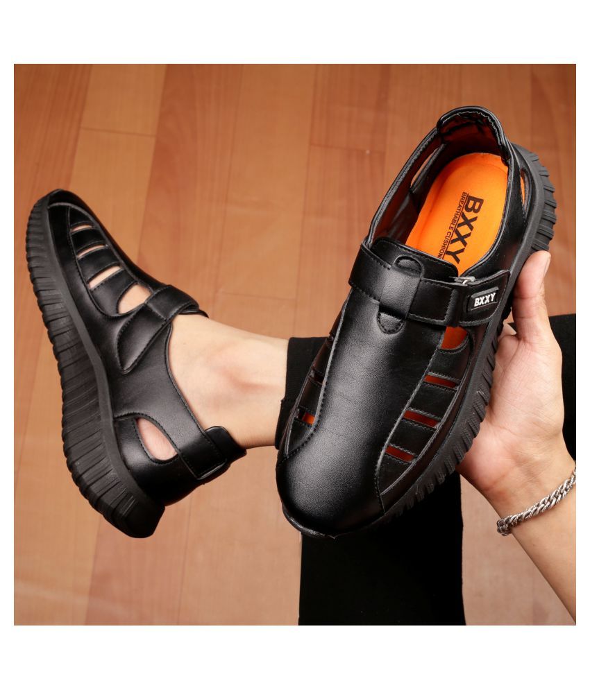     			YUVRATO BAXI Black Faux Leather Sandals