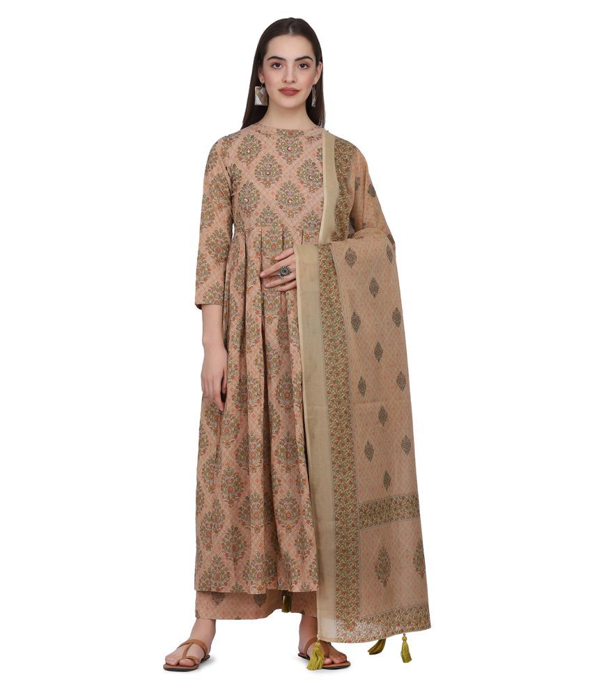     			Aarrah Beige Cotton Tiered Flared Kurti -