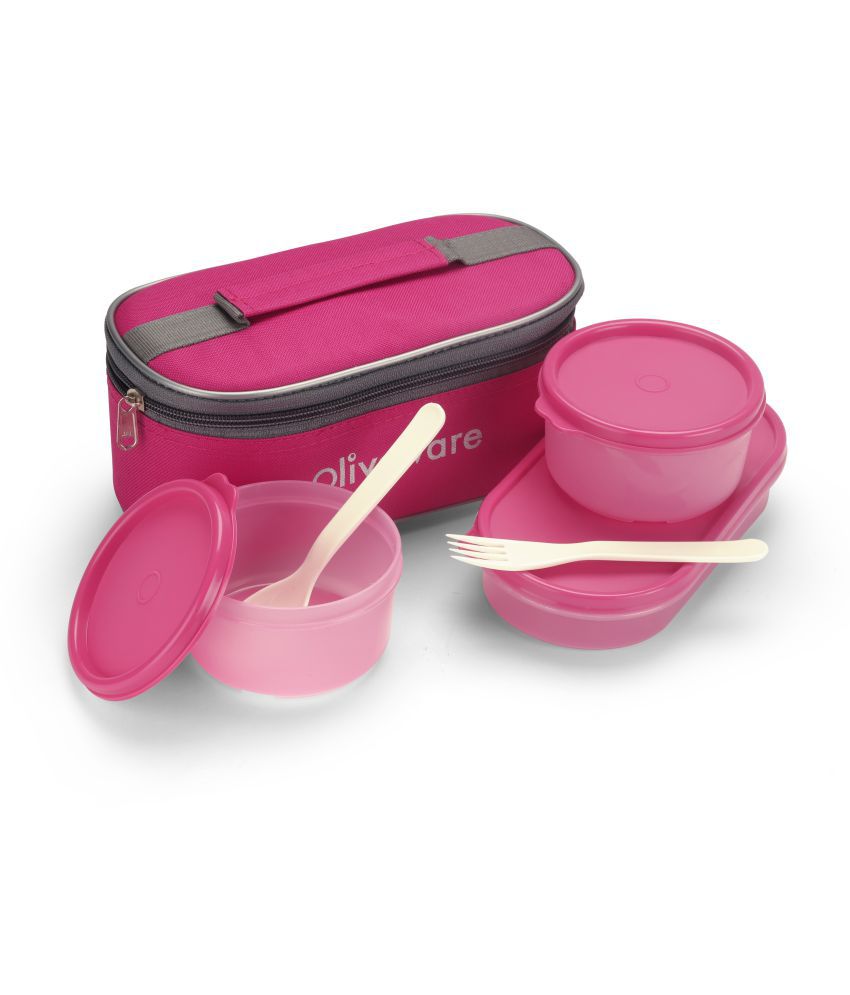 Oliveware Double Decker Lunch Box of 3 Plastic Containers with Spoon and Fork with Fabric Bag Pink