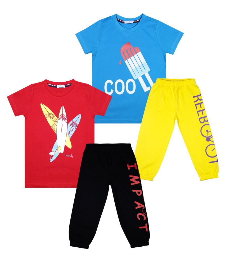     			Luke and Lilly Boys Pack of 2 Printed Cotton T-shirt with Track Pants