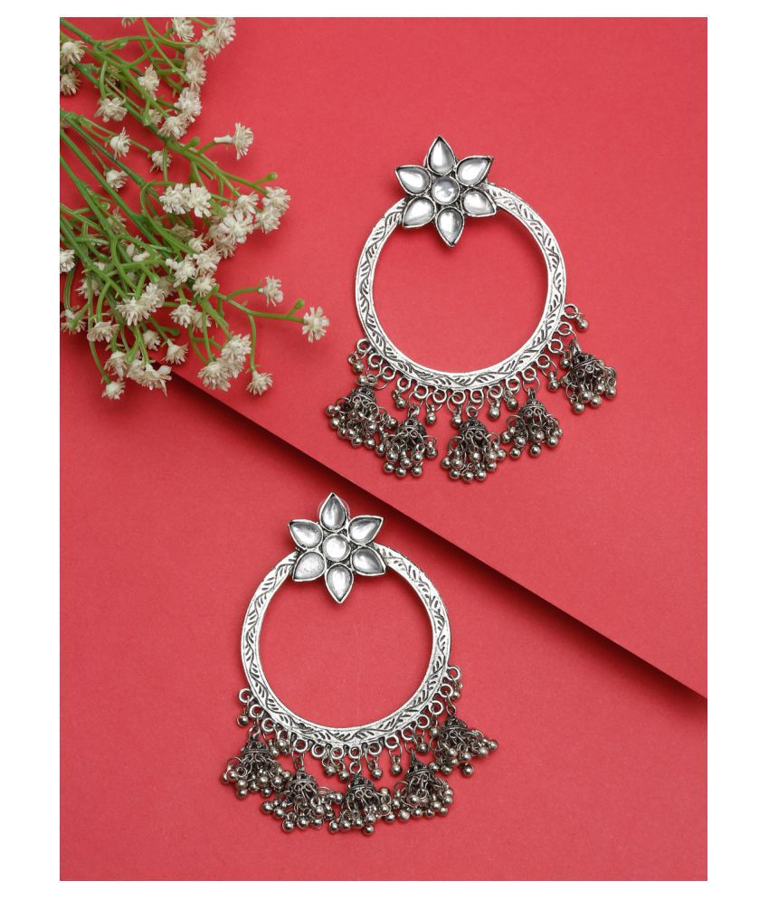     			NEUDIS Oxidised Ethnic Antique Mirror Work Silver Toned Floral Drop Earring