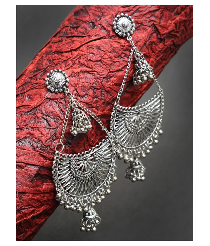     			NEUDIS Oxidised Ethnic Antique Silver Toned Chandbaali Shaped Jhumka Earrings For Women & Girls