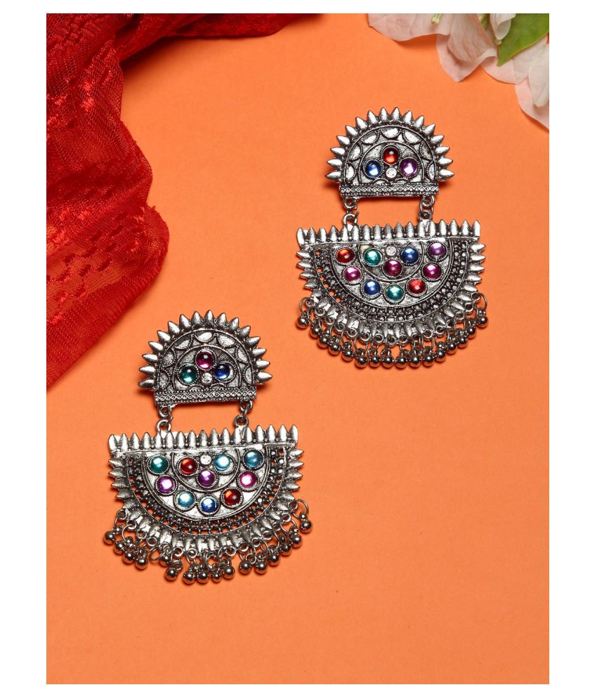     			NEUDIS Oxidised Ethnic Antique Silver Toned Multi Color Oversize Drop Earrings For Women & Girls