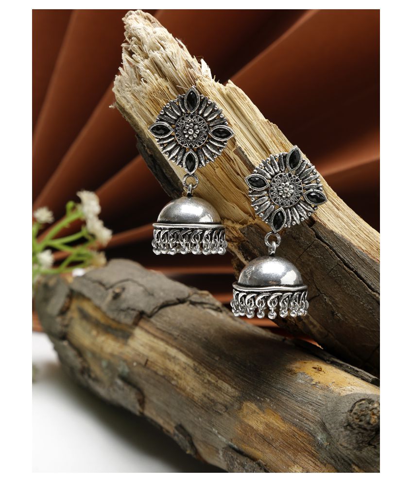     			NEUDIS Oxidised Ethnic Antique Silver Toned Black Stone Studed Floral Jhumki Drop Earring