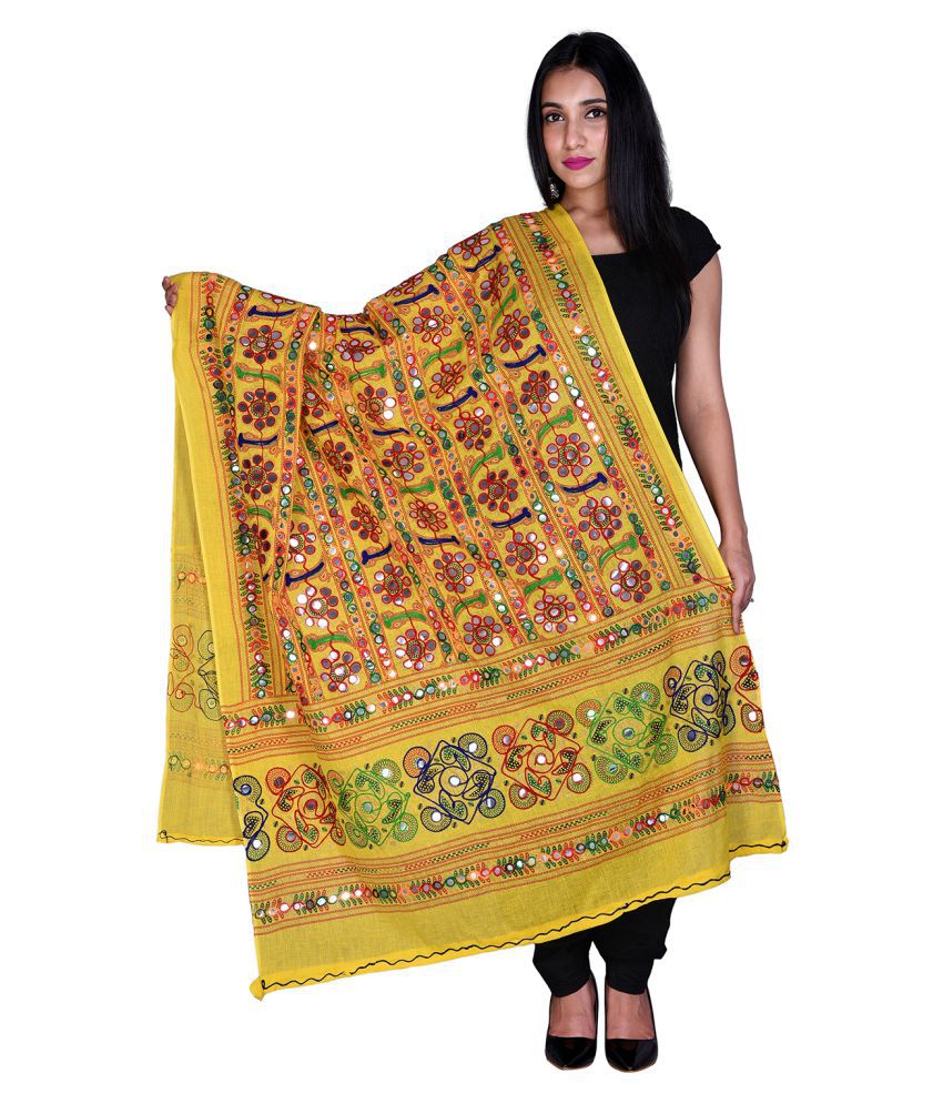     			Raj Yellow Cotton Aari Embroidered Dupatta - Single