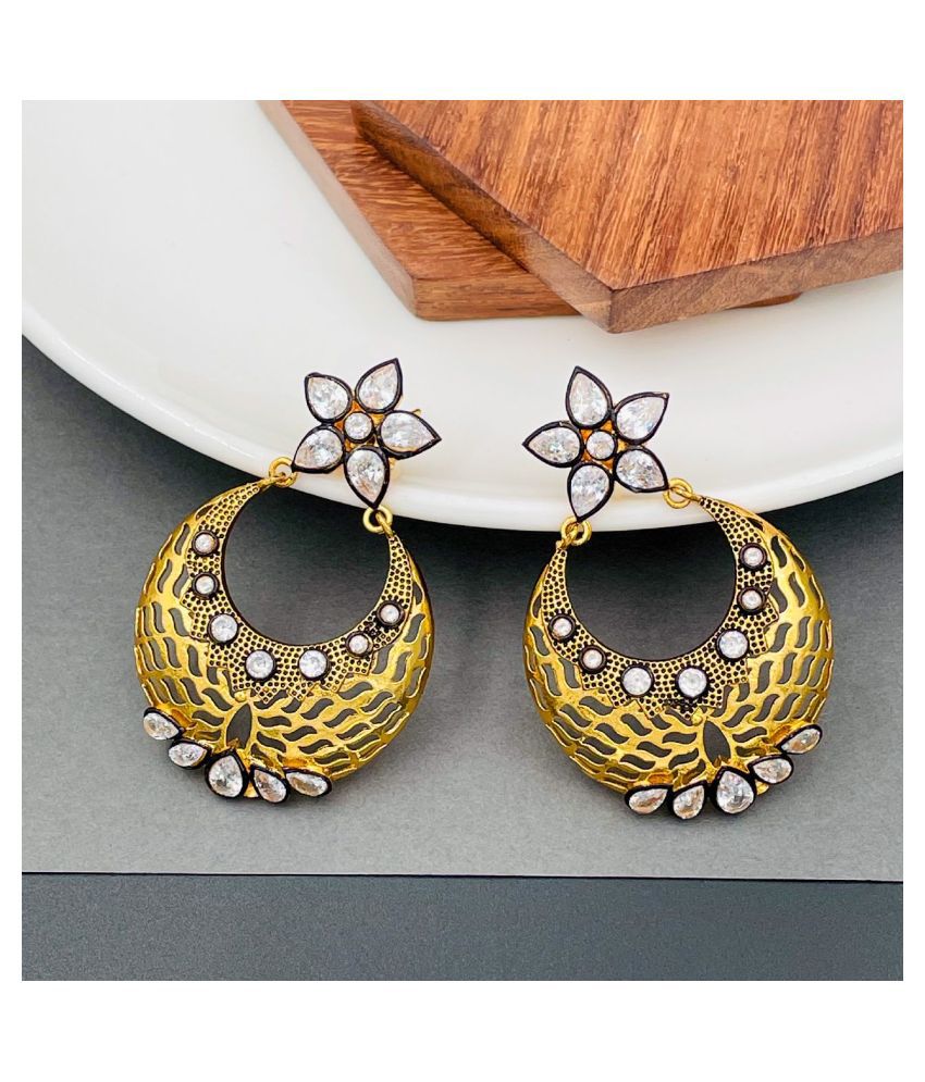     			The Jewelbox Filigree Flower Chaand Bali Kundan Polki American Diamond CZ Gold Plated Earring for Women