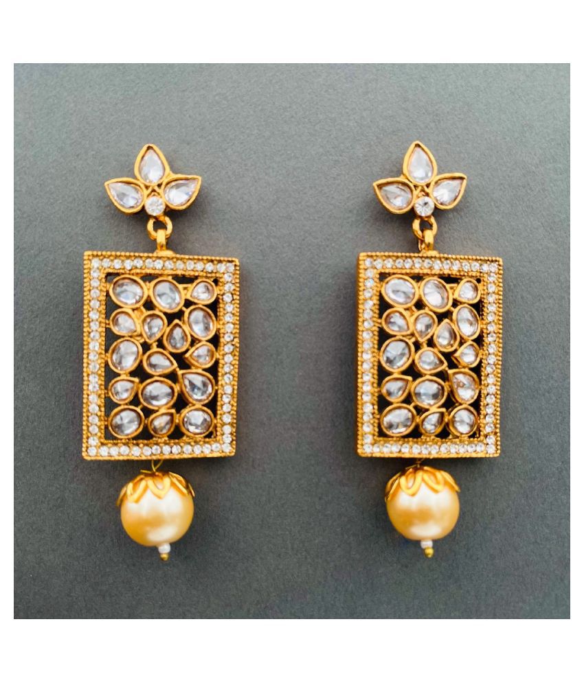     			The Jewelbox Filigree Kundan Pearl American Diamonds 18K Gold Plated Dangle Earring For Girls Women