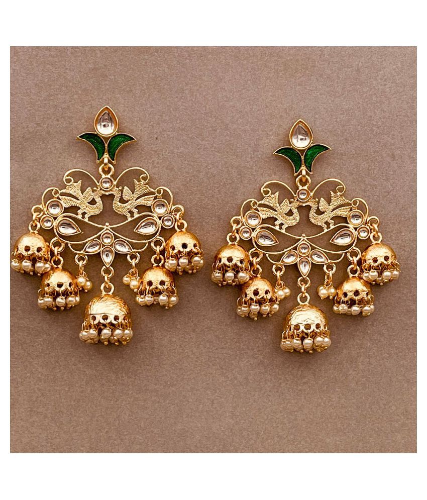     			The Jewelbox Lotus Floral Statement 18K Gold Plated Green Enamel Kundan Chandelier Jhumki Earring Girl Women