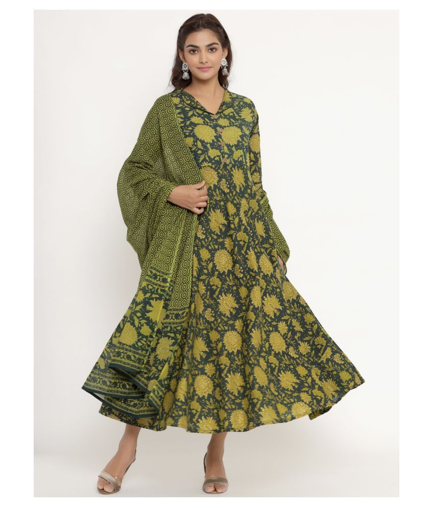     			miravan Green Cotton Anarkali Kurti -