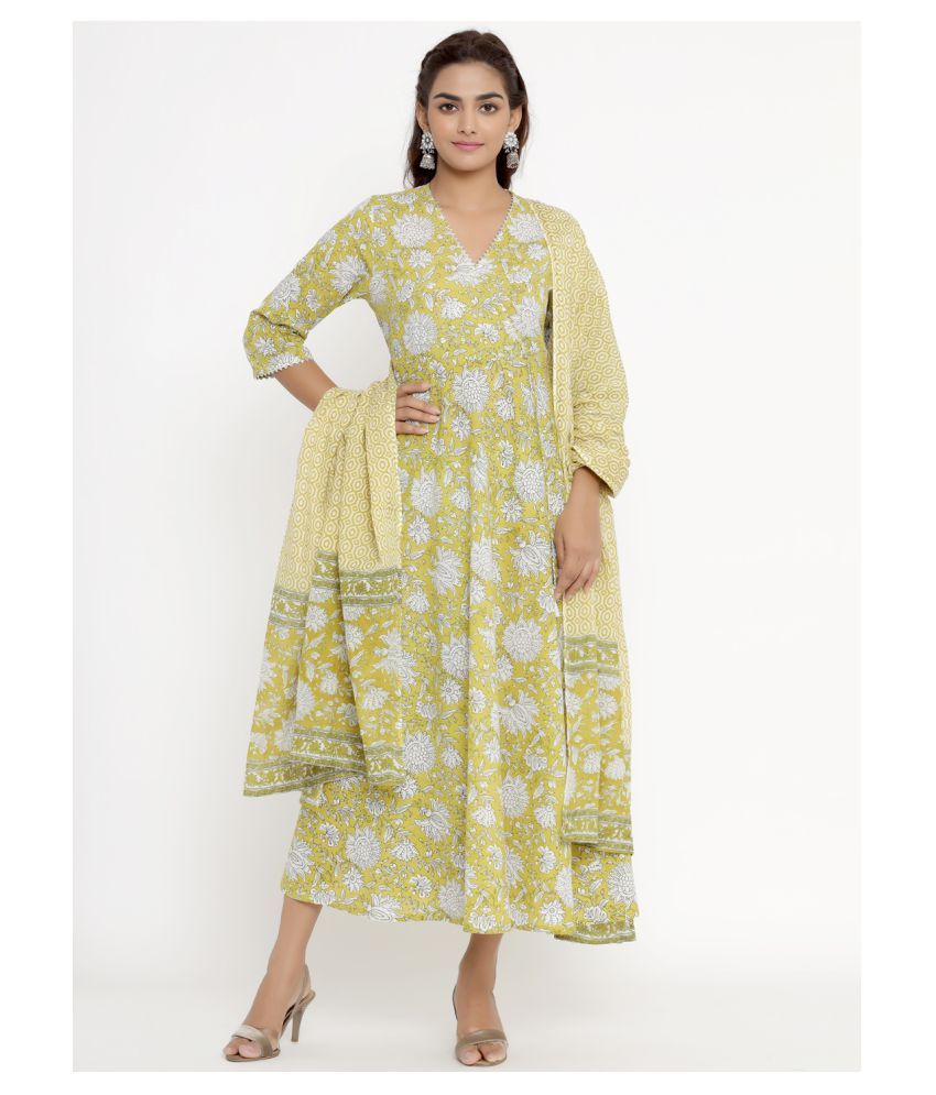     			miravan Yellow Cotton Anarkali Kurti -