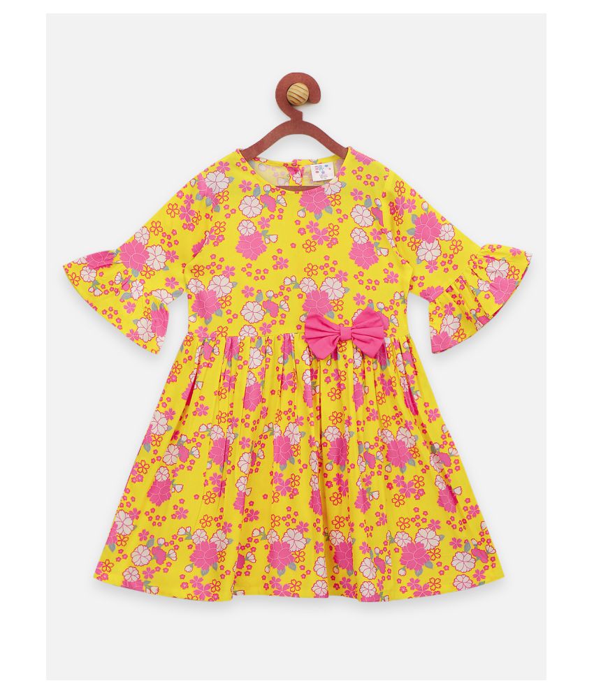 Yellow Flower Printed Bow Flared Dress