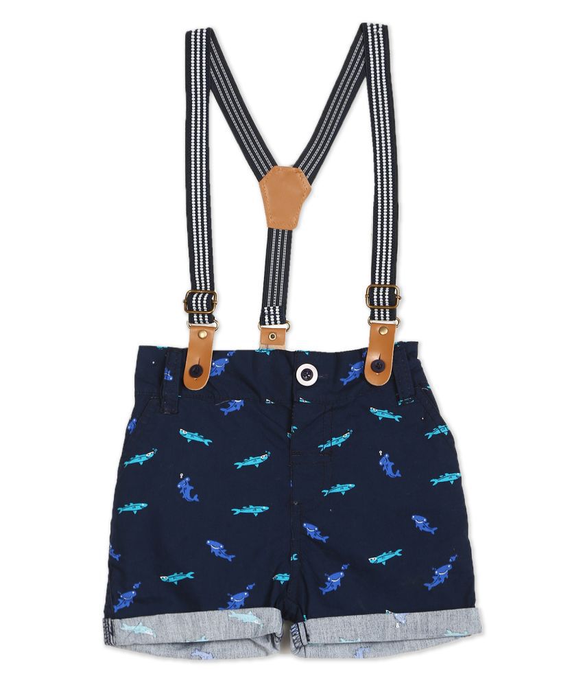 Boys Dark Blue Fish Print Shorts With Suspenders