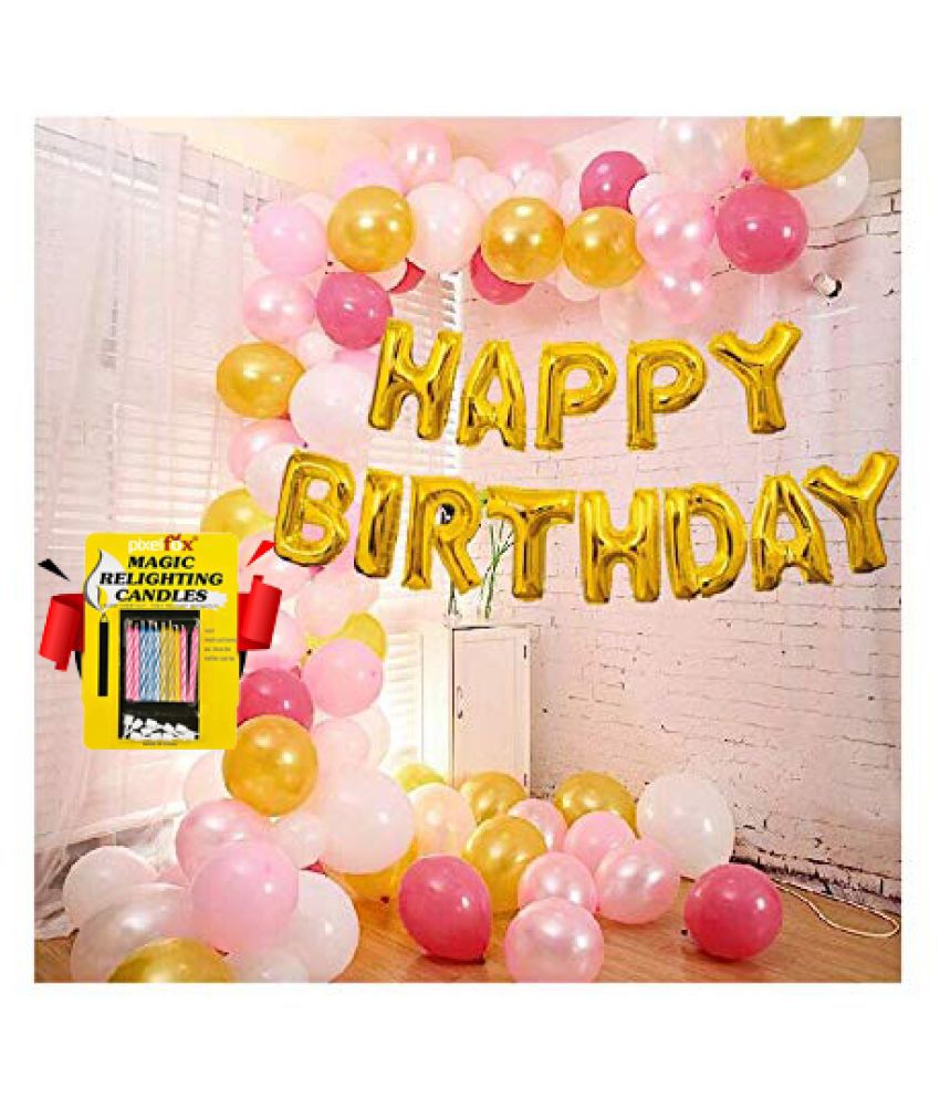     			Happy Birthday Foil Letter (Golden)+ 30 Metallic Balloons (Pink, Red, Gold) + 1 pc. Magic Candles for happy birthday decoration item, birthday decoration kit, birthday balloon decoration combo for Boys, Girls, Kids, husband and Wife.