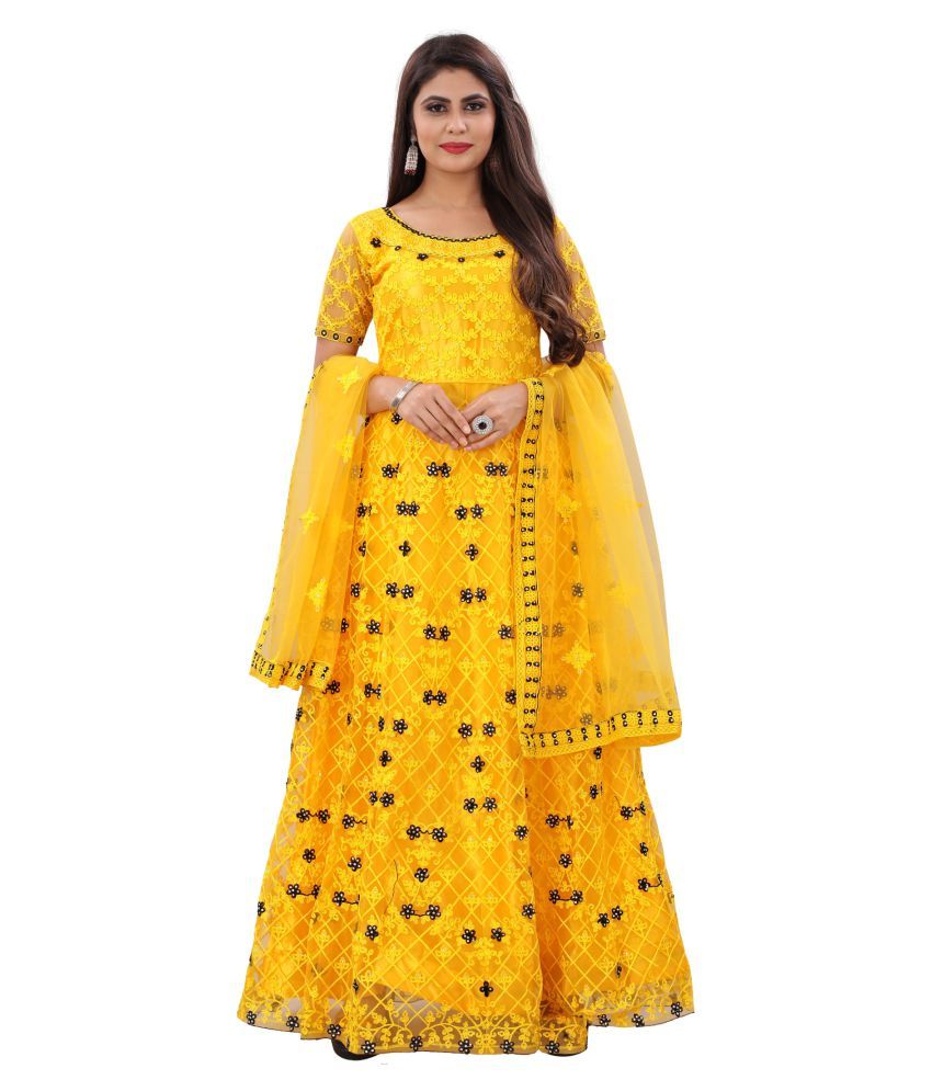     			Aika Yellow Net Ethnic Gown - Single