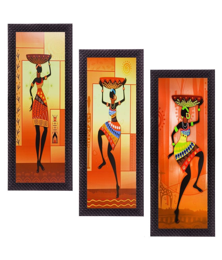     			eCraftIndia Set of 3 Orange & Yellow Tribal Ladies Satin Matt Texture UV Wall Art