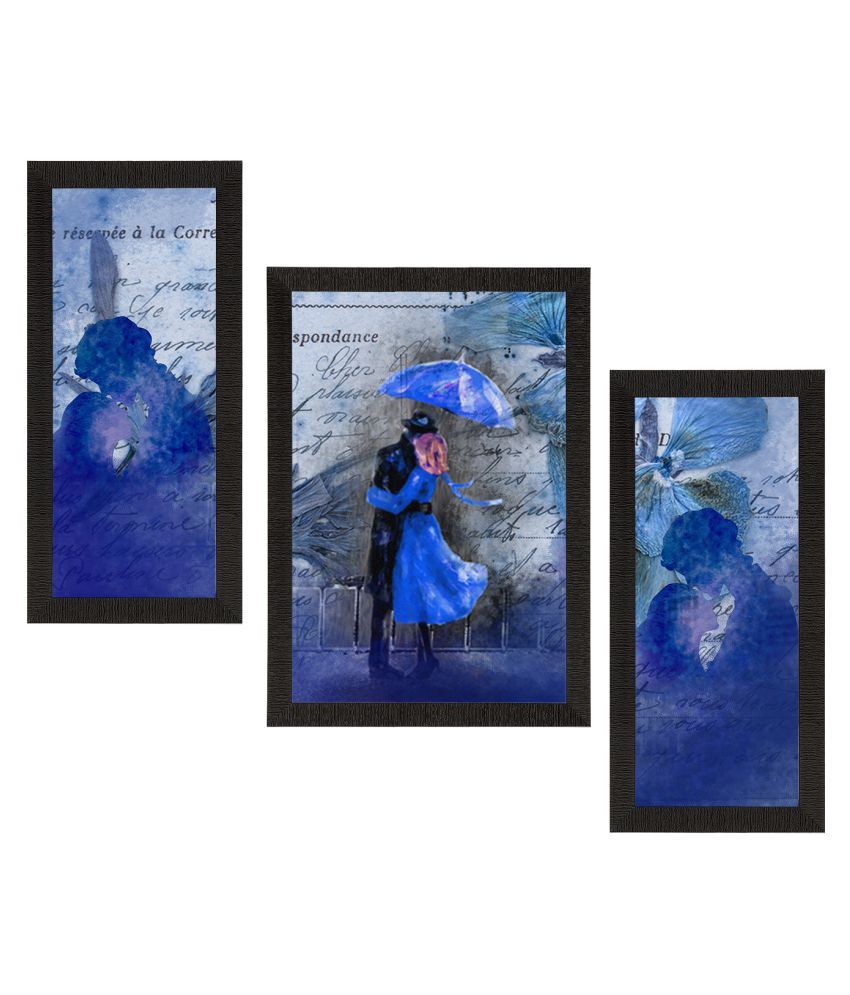     			eCraftIndia Set of 3 Blue & Black Loving Couple Under Umbrella Valentine Theme Satin Matt Texture Art Painting