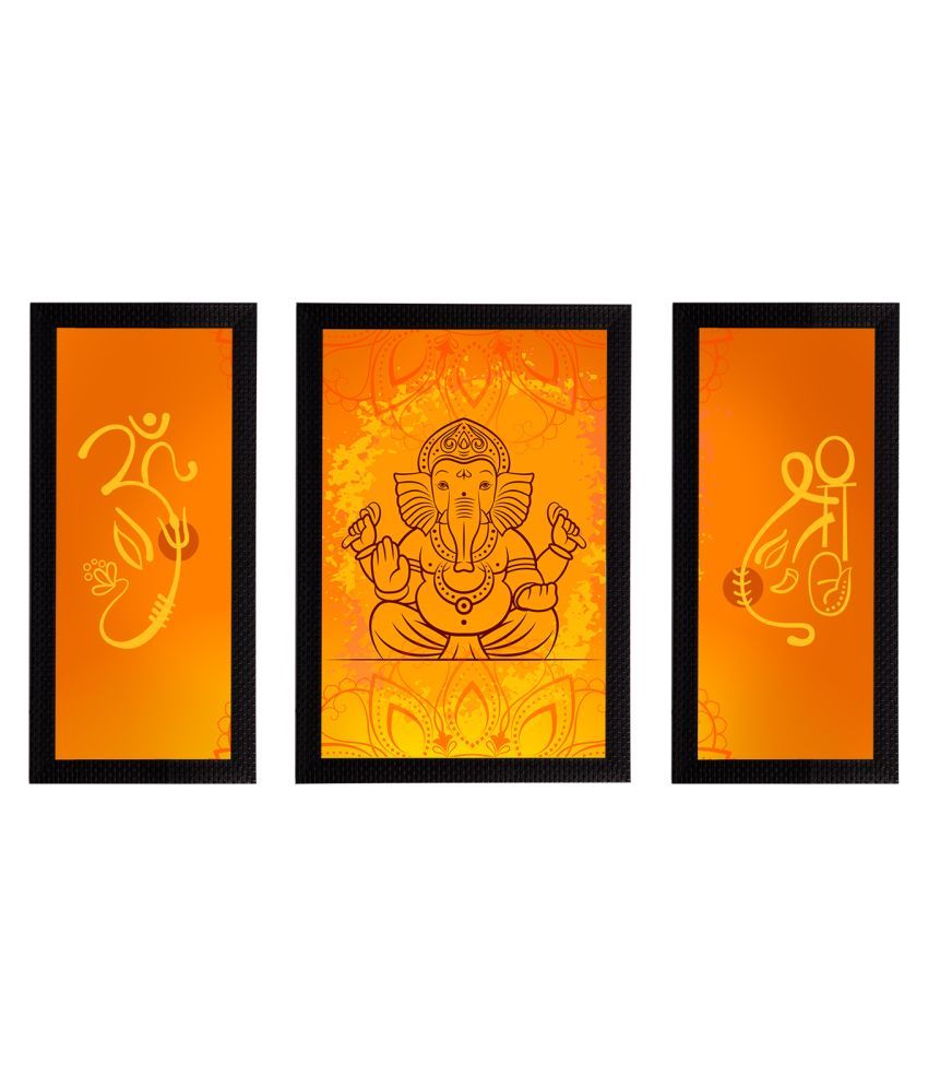     			eCraftIndia Set of 3 Orange & Yellow Lord Ganesha Satin Matt Textured UV Wall Arts