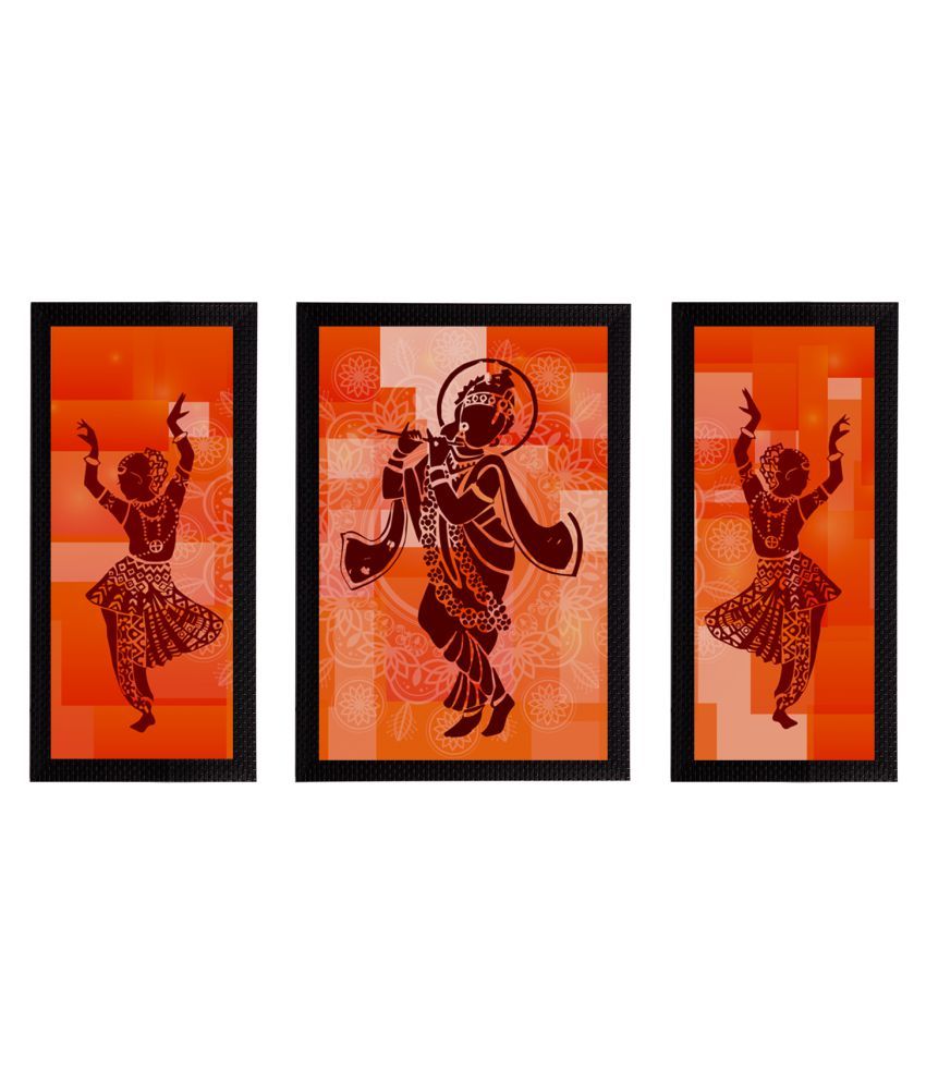     			eCraftIndia 3-Panelled Orange Lord Krishna & Dancing Ladies Satin Matt UV Wall Art