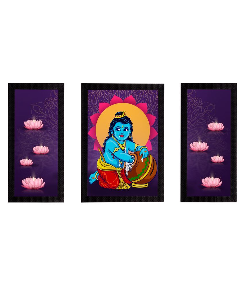     			eCraftIndia Set of 3 Purple & Blue Lord Krishna Satin Matt Textured UV Wall Arts