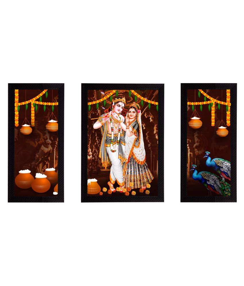     			eCraftIndia Set of 3 Brown & White Radha Krishna Satin Matt Texture UV Wall Arts