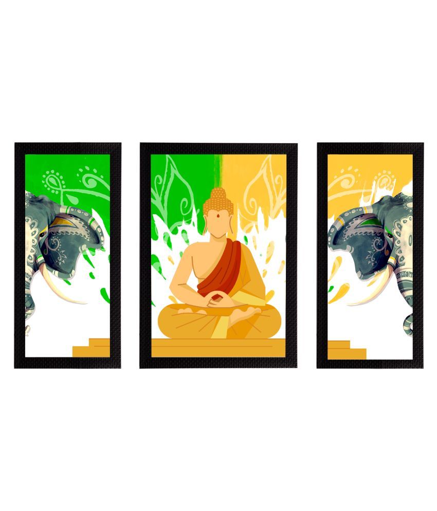     			eCraftIndia Set of 3 Orange & Green Meditating Lord Buddha Satin Matt Textured UV Art Painting