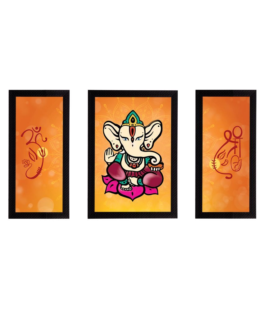     			eCraftIndia Set of 3 Orange & Black Lord Ganesha Satin Matt Texture UV Wall Arts