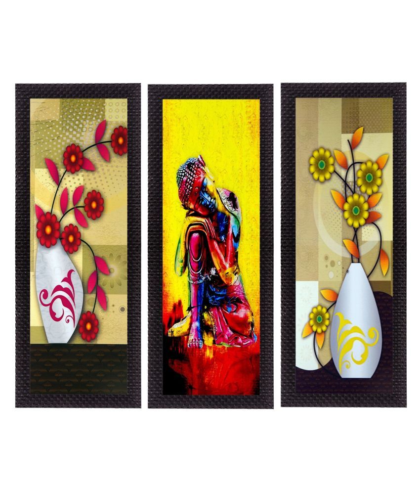     			eCraftIndia Set of 3 Yellow & Beige Lord Buddha & Botanical Floral Satin Matt Texture UV Wall Art