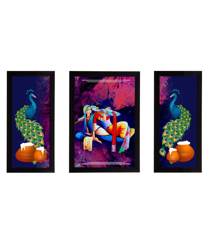     			eCraftIndia Set of 3 Blue & Pink Lord Krishna Satin Matt Textured UV Wall Arts