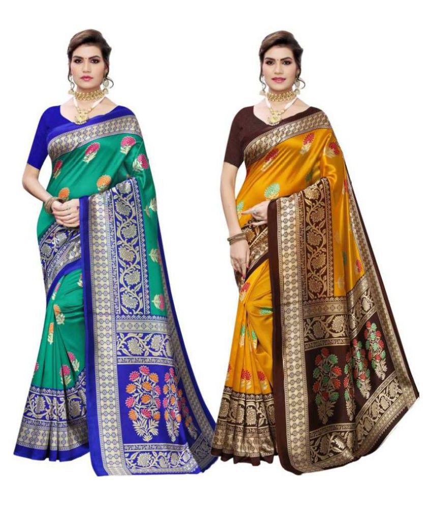     			Grubstaker Art Silk Printed Multicolour With Blouse Piece Saree - Pack of 2