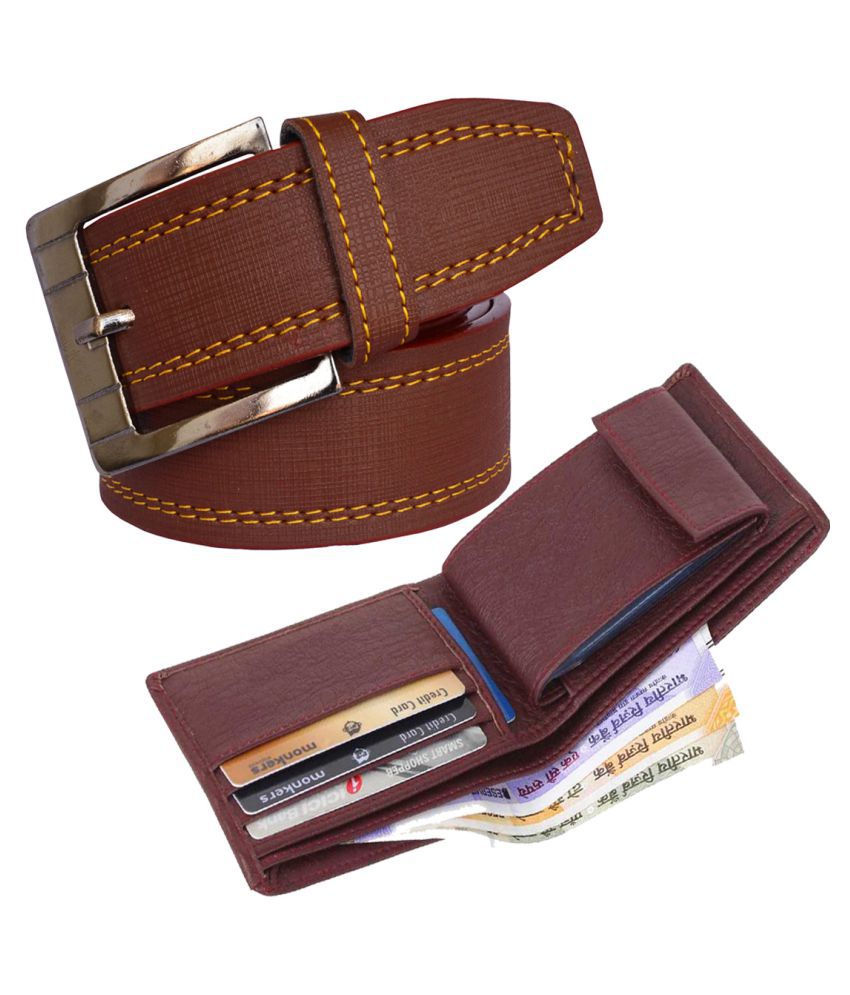    			Loopa - Brown PU Men's Belts Wallets Set ( Pack of 2 )