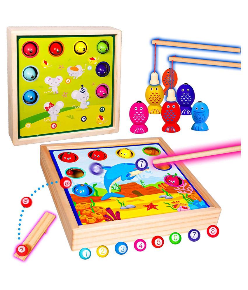 Toyshine 3 in 1 Fishing Game, Pinball and Pool Table, Toy for Kids, Hand-Eye Coordination, Wooden Toy Magnetic Fishing Toy