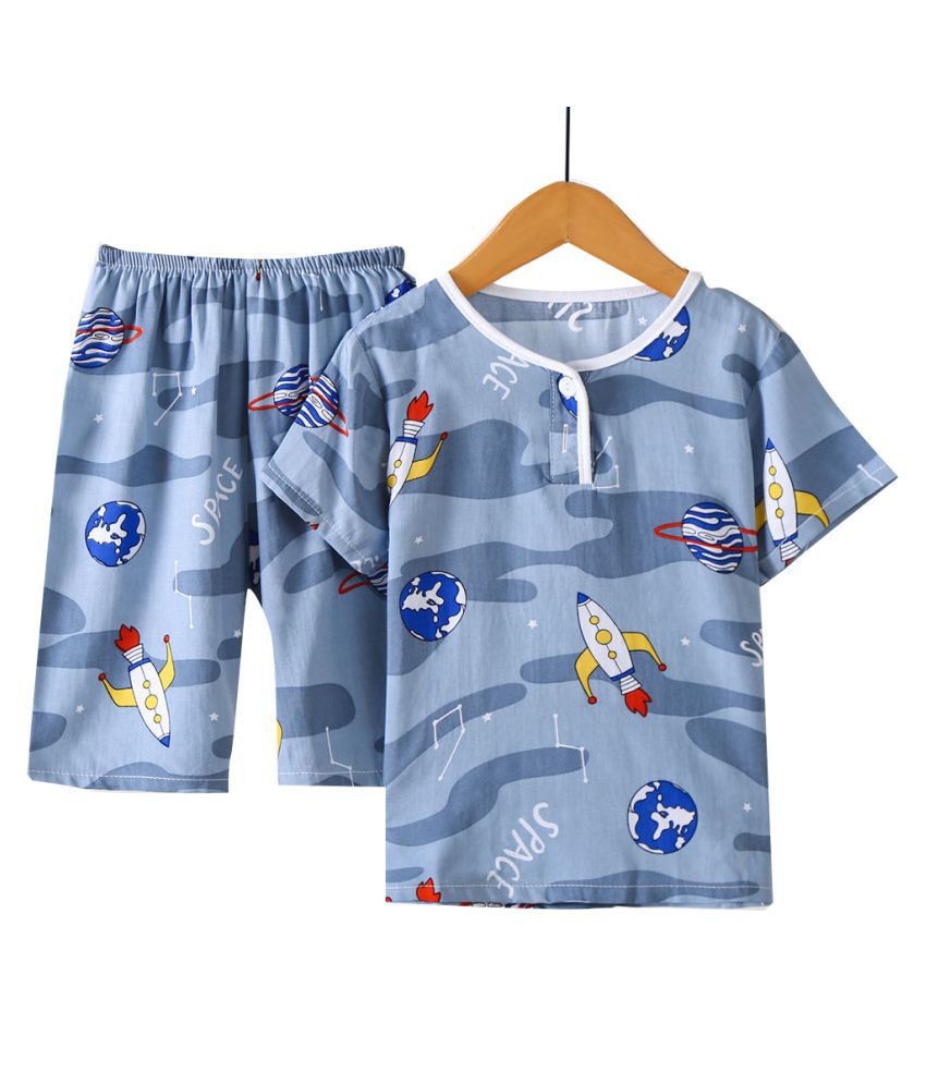 Hopscotch Baby Boys Viscose Half Sleeves All Over Printed Top And Short Sleepwear Set in Multi Color For Ages 12-24 Months (BYY-3689712)