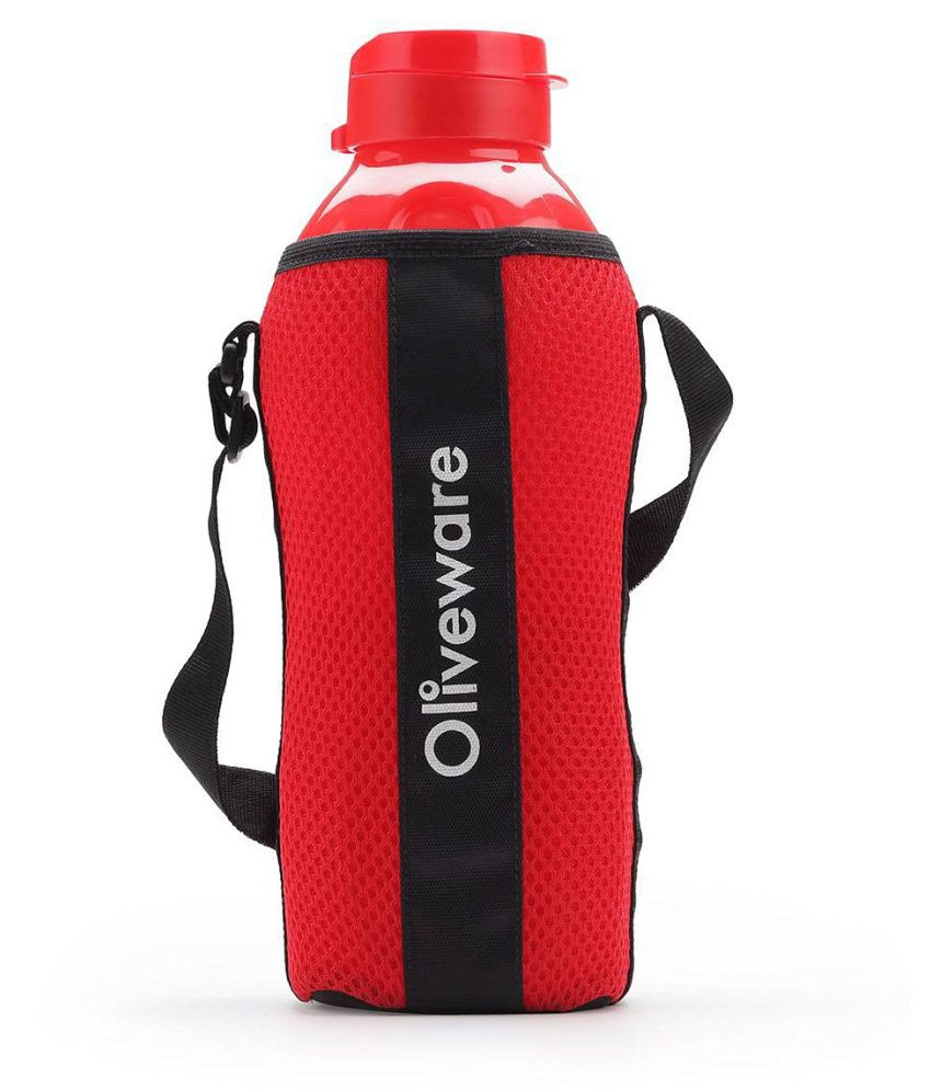 SOPL-OLIVEWARE Glass Oliveware Jumbo Water Bottle with Washable Carry Sleeve Shoulder Strap Stretchable Sleeve Fits in Fridge (Red, 2 L)