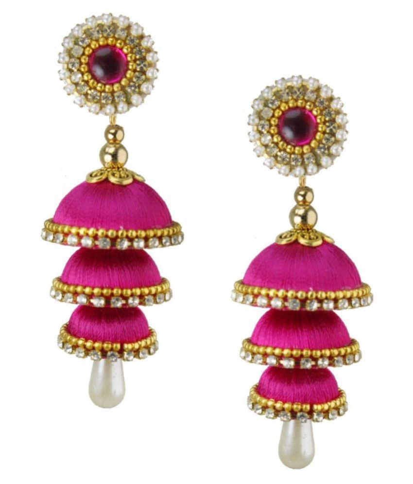     			Sanj Long Three Step Silk Thread Jhumka Earrings For Women & Girls  Silk Dori Jhumki Earring Beads Silk Dori Jhumki Earring