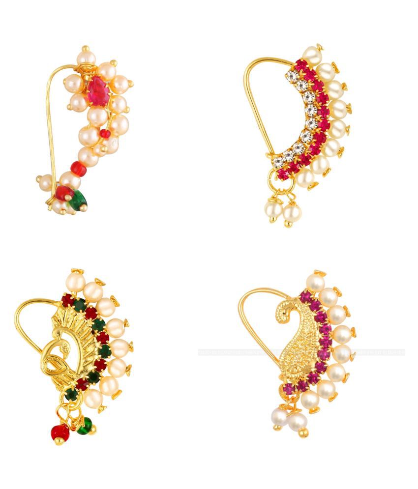 Vighnaharta Piercing Gold Plated Mayur design with Pearls and AD Stone Alloy Maharashtrian Nath Nathiya./ Nose Pin combo for women VFJ1028-1010-1012-1015NTH-Tar