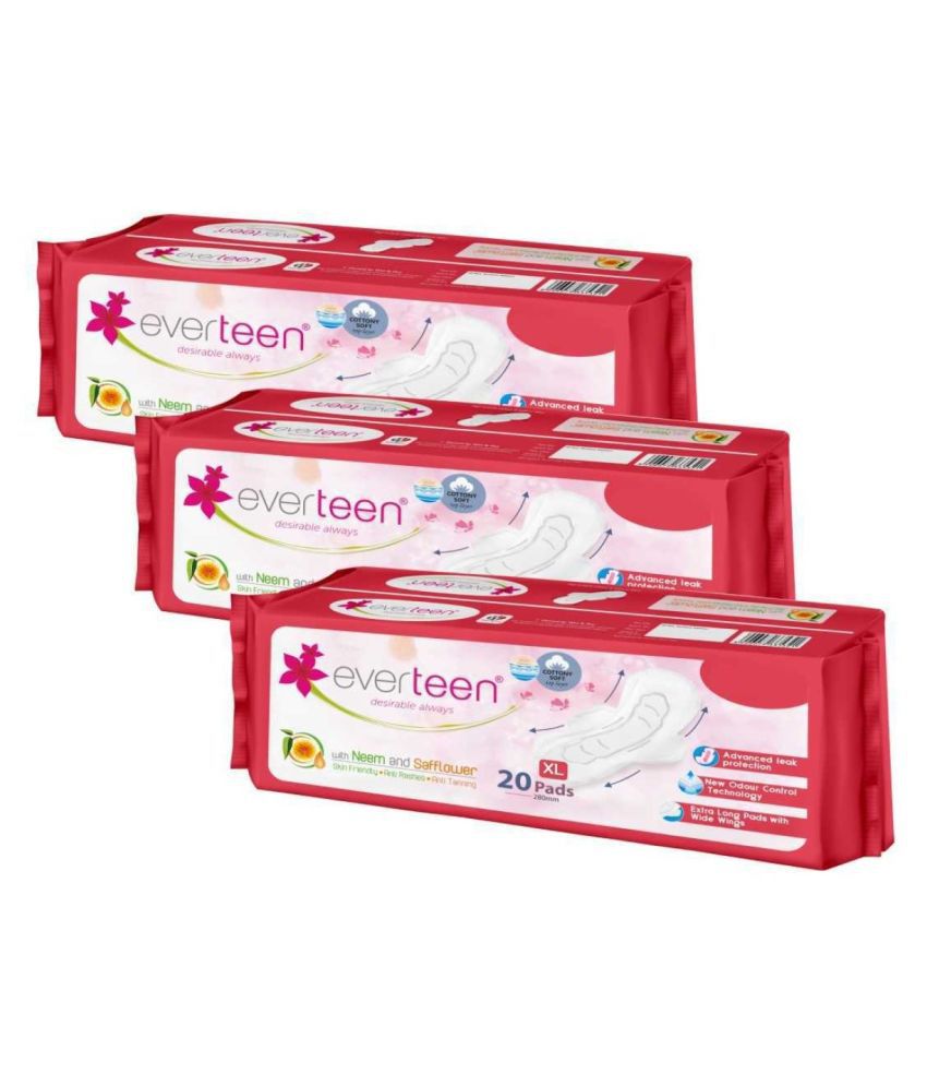     			everteen XL Sanitary Napkin Pads with Neem and Safflower, Cottony-Soft Top Layer for Women - 3 Packs (20 Pads, 280mm Each)