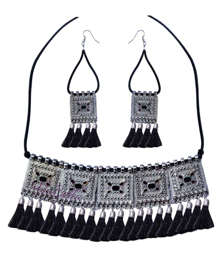     			YouBella Fashion Jewellery Antique German Silver Oxidised Plated Tribal Cotton Thread Jewellery Necklace Earring Set for Women & Girls.(Valentine Gift Special). (Black)